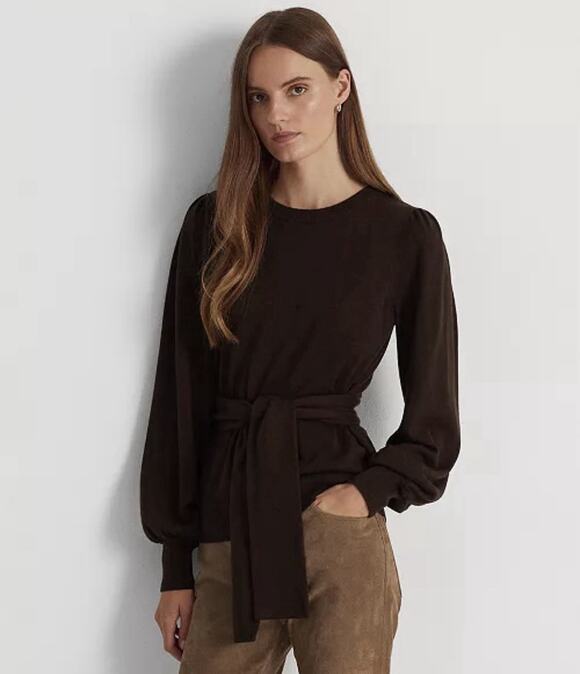 Lauren Ralph Lauren Sweaters - Lauren Ralph Lauren Brown Puff Sleeve Belted Crew Neck Sweater Brown Slim Medium
